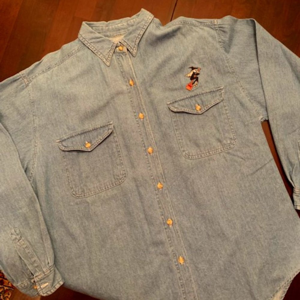 Women's Blue denim Halloween shirt with witch on left side over pocket